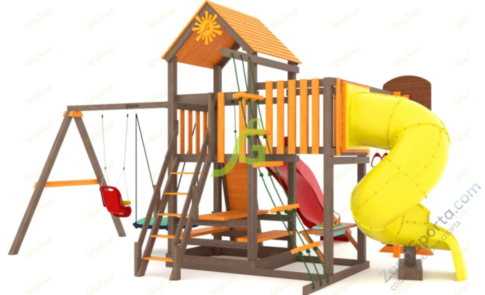Деревянная детская площадка для дачи Igragrad Панда Фани с балконом и трубой