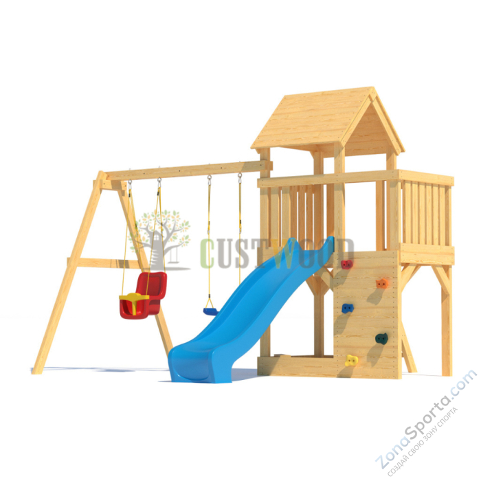 Детская деревянная игровая площадка для улицы дачи CustWood Scout S3 с деревянной крышей