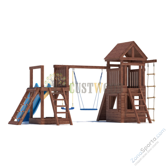 Детская деревянная игровая площадка для улицы дачи CustWood Scout SC9 с деревянной крышей